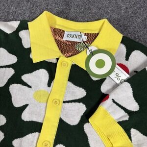 OXKNIT Mens Green Yellow Retro Flower Knit Polo 60s Mod Button Up Shirt S READ